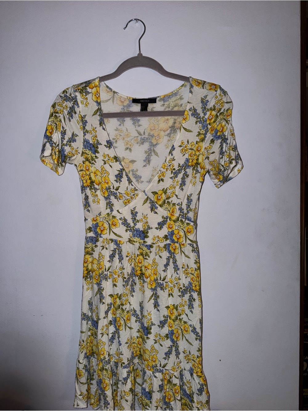 Forever 21 Cream Floral V-Neck Dress with Yellow & Blue Blooms
